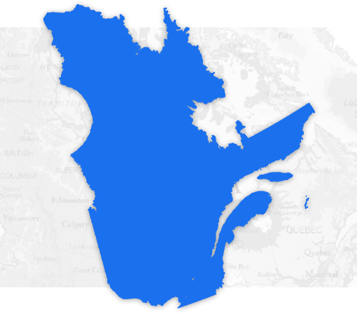Map highlighting Quebec in bright blue against a light background.
